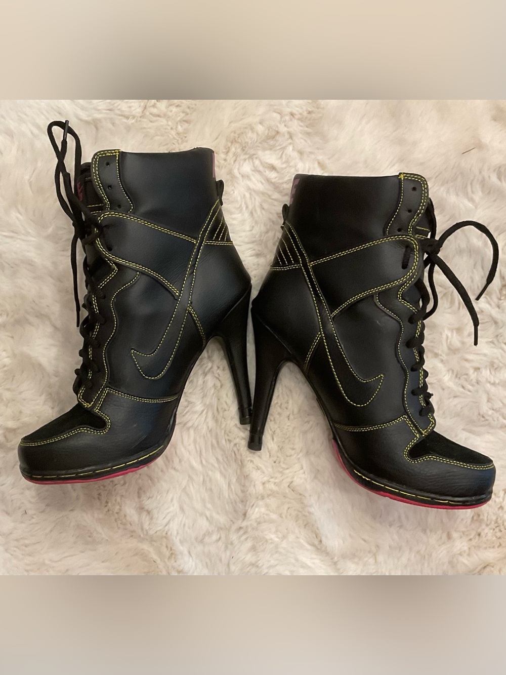 Nike Black Lace-Up Heeled Ankle Boots with Yellow Stitching